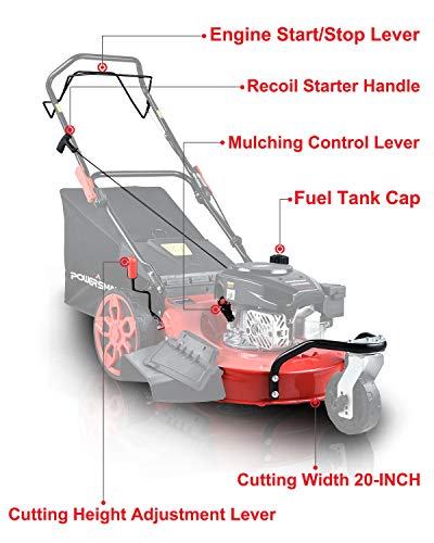PowerSmart Lawn Mower, 20-inch & 170CC, Gas Powered Lawn Mower, 4-Stroke Engine Self-Propelled Lawn Mower, 3-in-1 Gas Mower, 8 Adjustable Heights (1.2''-3.15''), PSS2020