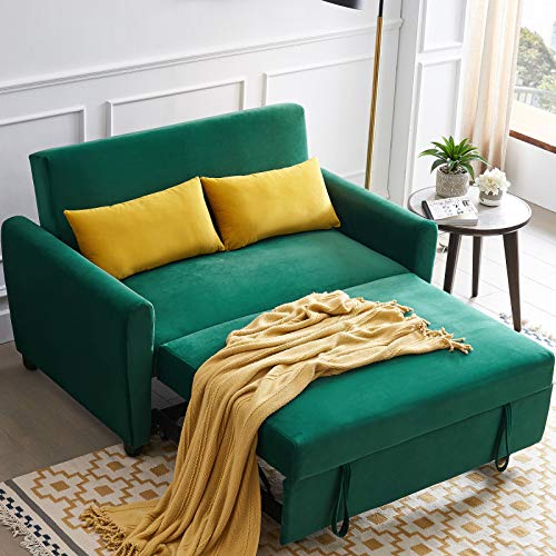 GUMINGHOME 55 Inch Pull Out Sofa Sleeper, Soft Velvet Small Loveseat Sofa Pull Out Couch Bed with Thicken Mattress and 2 Pillows for Small Space Living Room, Bedroom, Apartment, Dorm(Green)