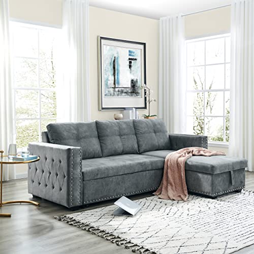 Sectional Sofa with Pull Out Bed, HABITRIO Solid Wood & Velvet Upholstered 2 Seats Sofa and Reversible Chaise Lounge w/Storage, Modern Design 91