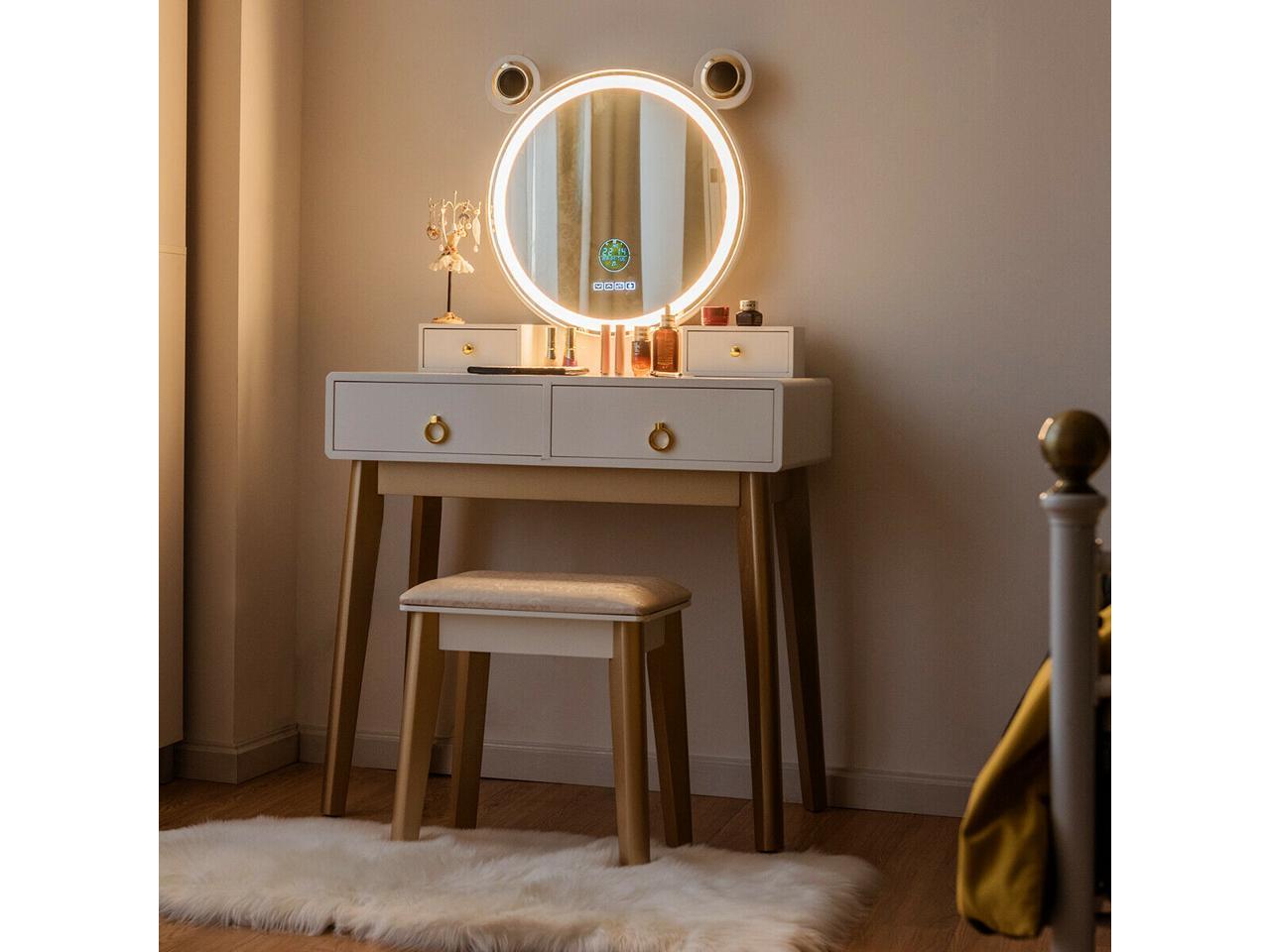 Vanity Dressing Table Set Touch Screen Dimming Mirror W/Bluetooth Speakers