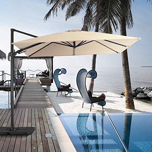 U-Eway 10ft Cantilever Offset Patio Umbrella Stand - Aluminum Polyester 360 Degree Rotating Swing function Cross bottom Easy Tilt Steel Offset Smooth Sliding Handle Shading Square (Beige)