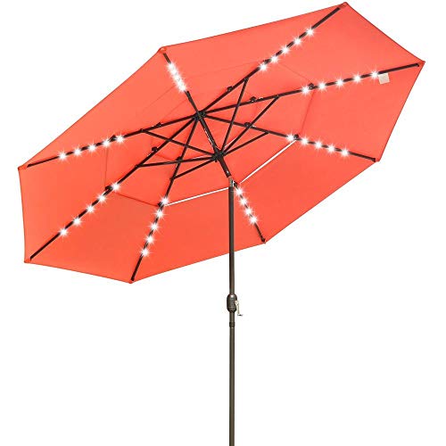 Ampersand Shops 11 Feet 3-Tier Vented Outdoor Patio Tilt Umbrella with Solar-Powered Energy Efficient LED Light Bars (Blood Orange)