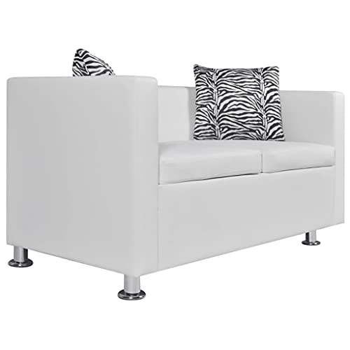 Living Room Furniture Set Cube Armchair and Loveseat Sofa Couches, Modern Faux Leather Upholstery and Wooden Frame Sofa Set, White