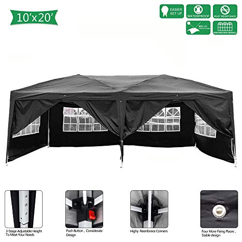 Simply-Me 10' x 20' Outdoor Canopy Tent Heavy Duty Pop Up Gazebo Canopy Party Tent Adjustable Practical Waterproof Folding Tent with 2 Door & 4 Brighter Windows,Portable Bag,6 Sides Black