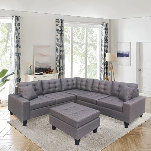 Recaceik Modern Convertible Left Hand Chaise Lounge and Storage Ottoman, L Shaped Set for Home Living Room Furniture, Sectional Sofa Upholstered Corner Couches, Grey