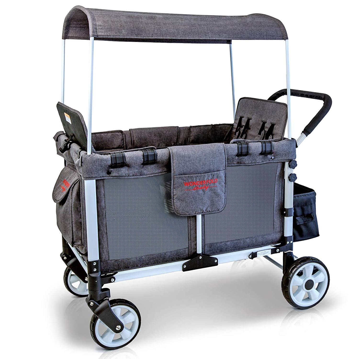 WonderFold Baby Multi-Function Folding Quad Stroller Wagon with Removable Canopy and Seats Gray New