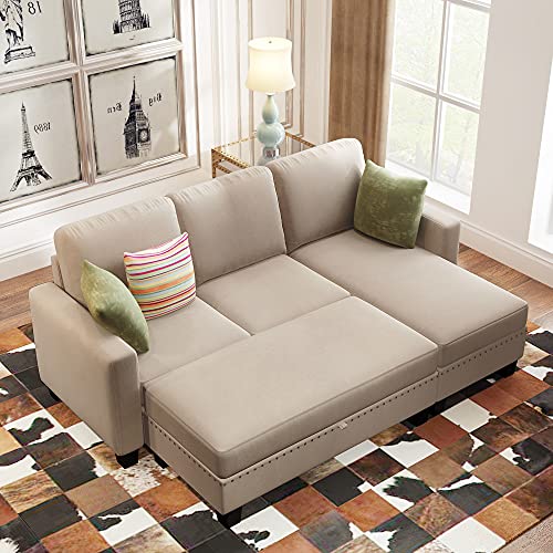 STARTO 81 Inch Nailheaded Textured Fabric 3 Pieces Living Room Sofa Set, L Sectional Couch with Ottoman, Reversible Storage Chaise, 81.153.135