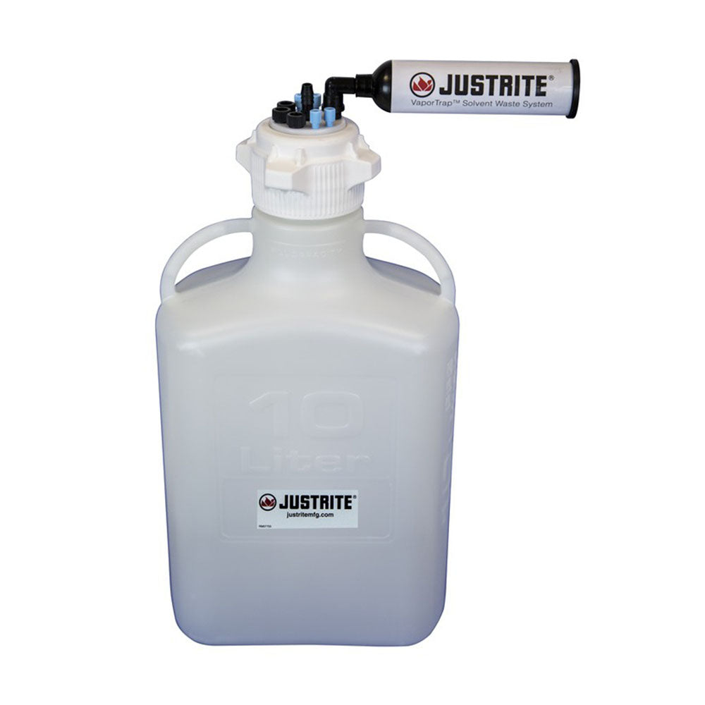 Justrite VaporTrap™ Carboy With Filter Kit, 10L HDPE, 83mm Cap, 4 Ports 1/8