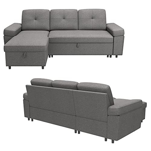 HONBAY Reversible Sleeper Sectional Sofa Couch Pull Out Bed Sleeper Sofa L Shape Couch with Storage Chaise,Light Grey