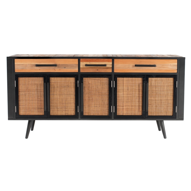 Nordic Rattan Boat Wood Buffet 5 Doors 3 Drawers in Natural Color