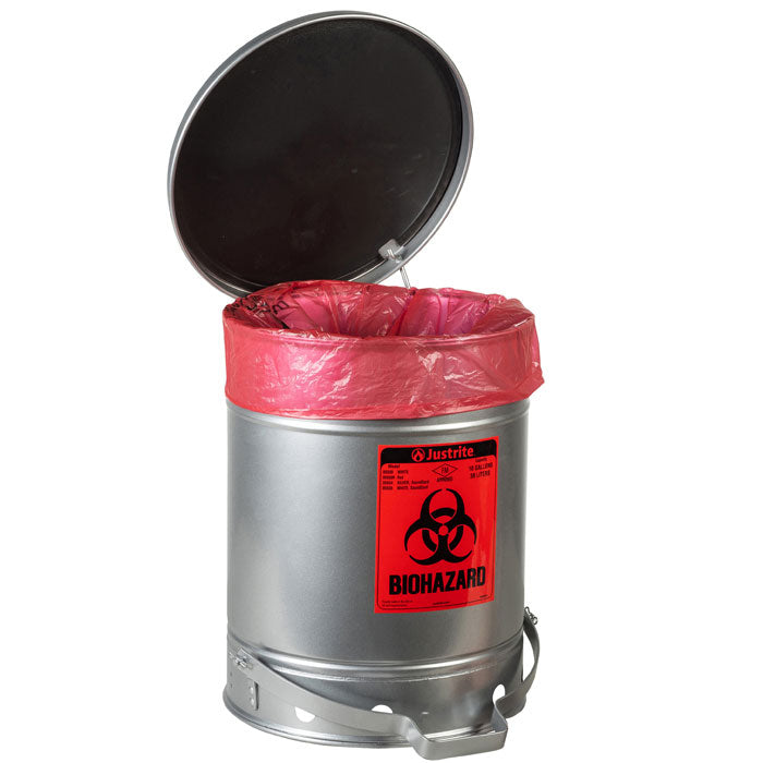 Justrite Biohazard Waste Can, 10 Gallon, Foot-Operated Self-Closing SoundGard™ Cover, Silver