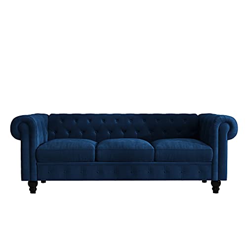 Chesterfield Velvet Sofa with Scroll Arms, Modern Chesterfield Button Tufted 3 Seater Sofa Couch Furniture for Living Room, Navy Blue