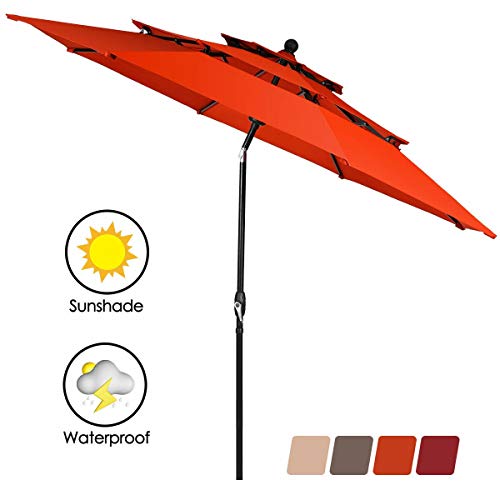 10 Ft 3 Tier Patio Umbrellas & Shade, Aluminum Wind Resistant Shade Umbrella Double Vented without Base-Burgundy