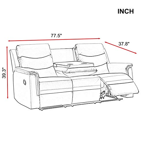 Pannow Double Recliner Loveseat with Console Slate, Double Reclining Sofa with Cup Holder, 3-Seater with Flipped Middle BACKREST Black PU, Theater Seating Furniture Sofa Bed, Black PU