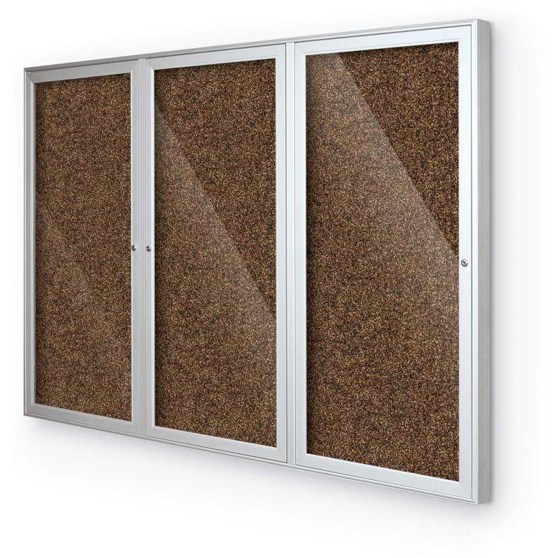 BaltĒ Enclosed Bulletin Board - 3 Door - Tan Rubber - Silver Aluminum Frame - 96