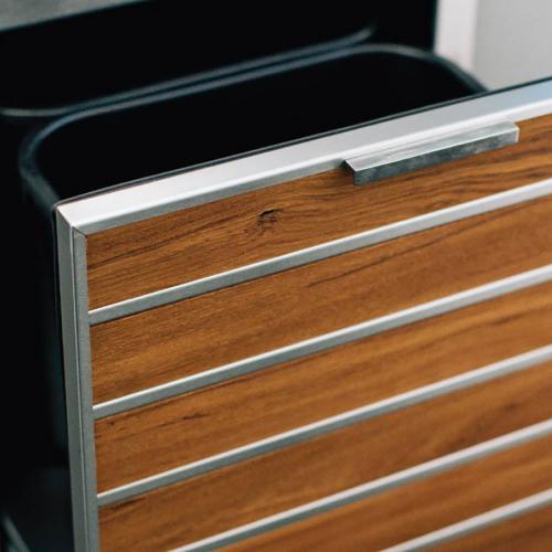 Drawer, Madera Trash Pullout - Stainless Steel & Teak Wood - Two Bin