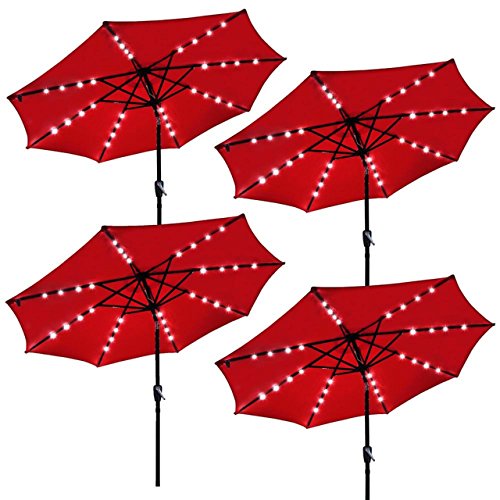 Koonlert@shop 9ft Outdoor Patio Solar Power LED Aluminium Umbrella Sunshade UV Blocking Hand-Crank Tilt - Set of 4 Red #915