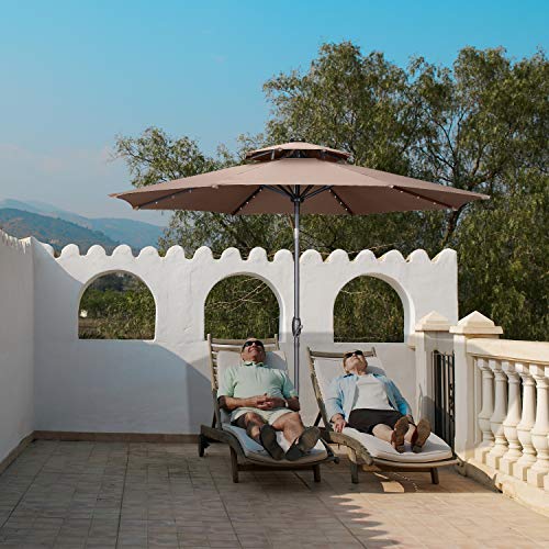 10 ft 2 Layers Patio Umbrella with 40 LED Solar Lights Windproof Outdoor Market Table Umbrella with Ventilation,Tilt and Crank(Coffee)