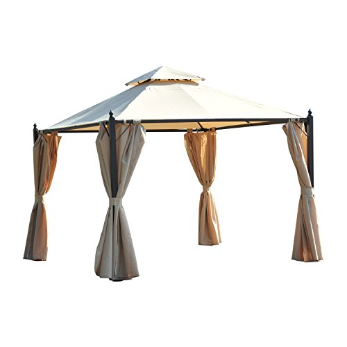 Outsunny 10' x 10' Steel Outdoor Patio Gazebo with Polyester Privacy Curtains, Two-Tier Roof for Air, & Large Design