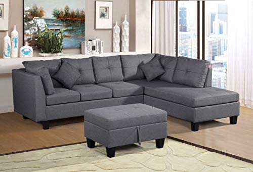 LZ LEISURE ZONE L-Shaped Sofa Set, Sectional Sofa Set with Chaise Lounge & Storage Ottoman Living Room Furniture Set Sofa Couch (Grey)