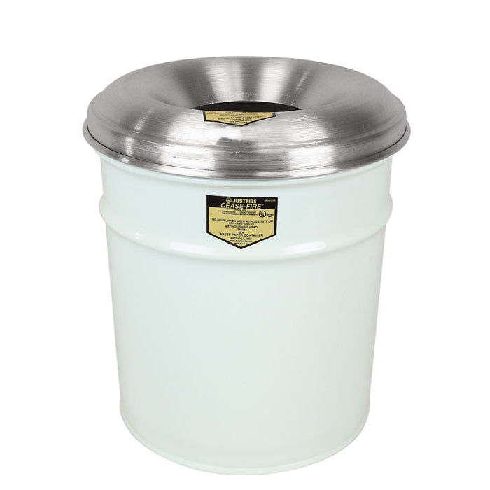 Justrite 4.5 Gallon Steel Cease-Fire® Waste Receptacle, Safety Drum Can With Aluminum Head, White