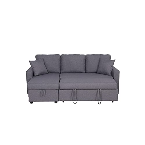 Kingway Furniture Hemus Linen Blend Reversible Sectional Sleeper Sofa with Pillows in Gray