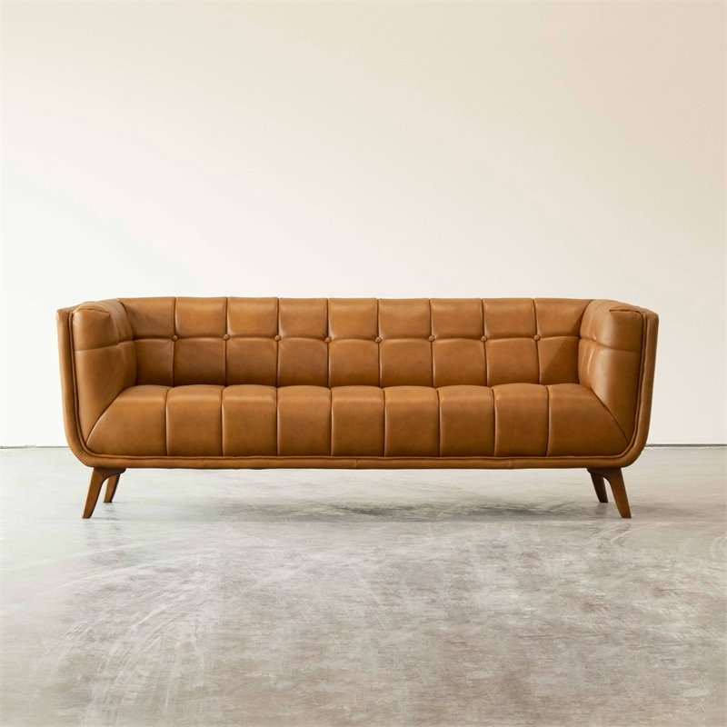 Mid Century Modern Allen Tan Full Grain Leather Sofa 84