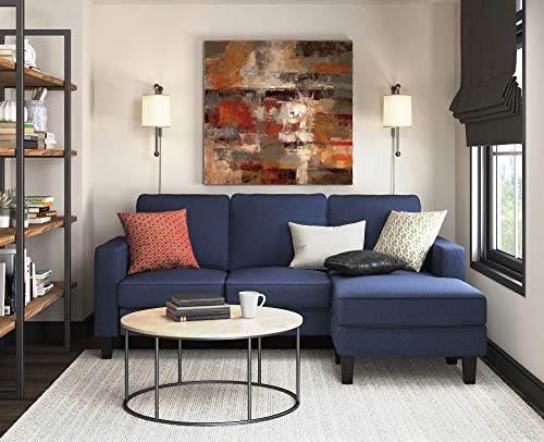 Serta Harmon Square Arm Reversible Sectional Sofa Living Room, Modern L-Shaped 3 Seat Fabric Couch, Dark Blue