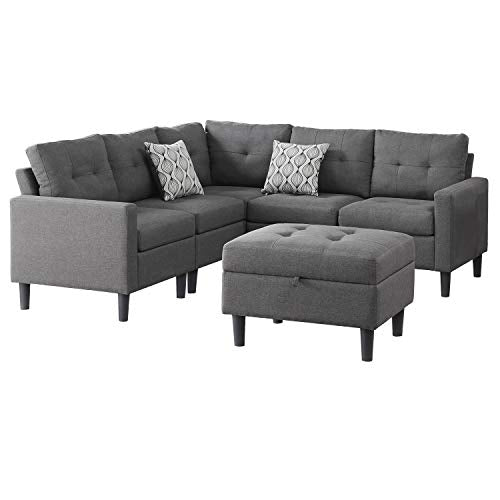 Good & Gracious Modular Sectional Corner Sofa Large L-Shaped Couch Set with Modern Polyester Fabric Storage Ottoman for Living Room Dark Grey