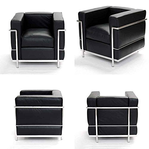 Mid Century Modern Classic Le Corbusier LC-2 Style Replica Cube Sofa Chair (1 Seater) with Premium Black PU Leather and Encasing Stainless Steel Frame