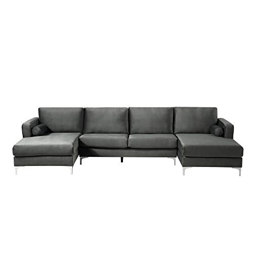 STARTO Modern Elegant Velvet Sectional Sofa Set, U-Shape Upholstered Couch with Double Extra Wide Chaise Lounge and Two Pillows for Living Room Apartment, Black
