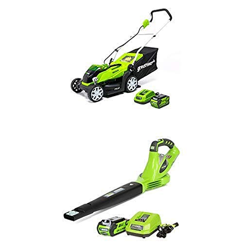Greenworks 14-Inch 40V Cordless Lawn Mower with 40V 150 MPH Variable Speed Cordless Blower 2.0 AH Battery Included 24252