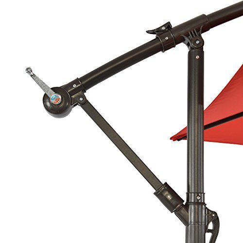 Sun-Ray 811045 10' Round Cantilever 8-Rib Offset Solar Patio Umbrella, 24 LED Lights, Crank with Adjustable Tilt, Cross Base, Aluminum Frame, Scarlet/Red