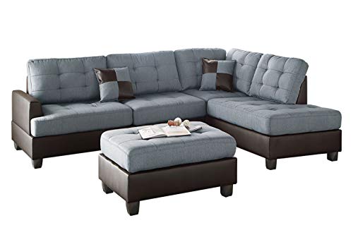 Poundex Bobkona Matthew Linen-Like Polyfabric Left or Right Hand Chaise SECTIONAL Set with Ottoman in Grey