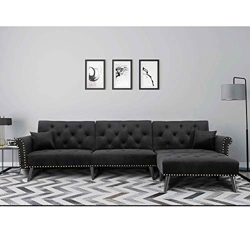 YYAO Convertible Sectional Sofa Couch Sleeper Sofa Bed Modern Upholstered 3-Seat L-Shaped Couch Sofa Sectional Reversible Sofa Bed Living Room Furniture with Pillows,Solid Wood Legs (Black)