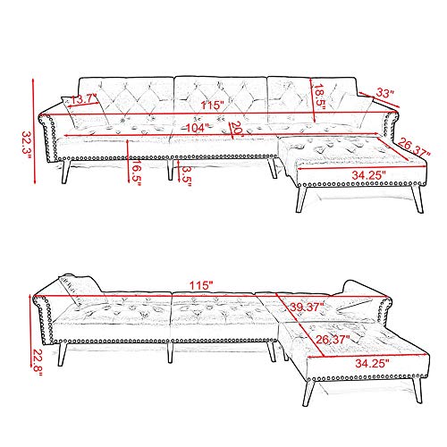 YYAO Convertible Sectional Sofa Couch Sleeper Sofa Bed Modern Upholstered 3-Seat L-Shaped Couch Sofa Sectional Reversible Sofa Bed Living Room Furniture with Pillows,Solid Wood Legs (Black)