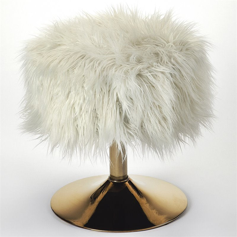 Faux Fur Foot Stool in White and Polished Gold