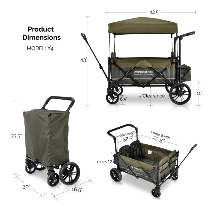 WonderFold Baby X4S Push/Pull 4-Passenger Quad Double Stroller Wagon with Automatic Magnetic Seatbelt Buckles Green New