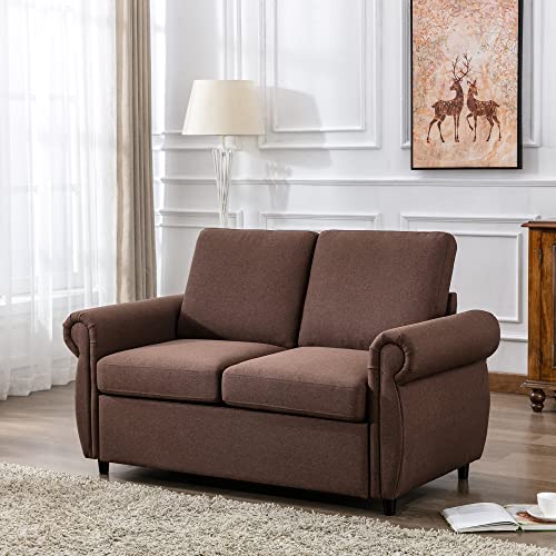 Modern Linen Pull Out Sofa Bed Sleeper Sofa Bed with Twin Memory Foam Mattress,Convertible Sleeper Sofa Bed with Removable Backrest and Cushion,for Small Spaces (Brown)