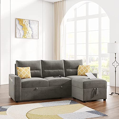GAOPAN Sleep Sectional Sofa with Reversible Storage Chaise Lounge & 6 Side Pockets, L-Shaped Corner Bread Sofá W/Pull-Out Sleeper Couch Bed Sofabed for Living Room Apartment Furniture Set,Grey