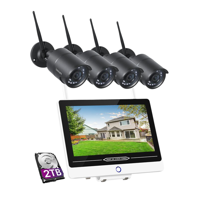 Loocam Ultra-Long Distance 8-Channel Wireless Security Camera System 1080P 2TB HDD 12.5 In. Monitor And 4 Two-Way Audio Cameras New