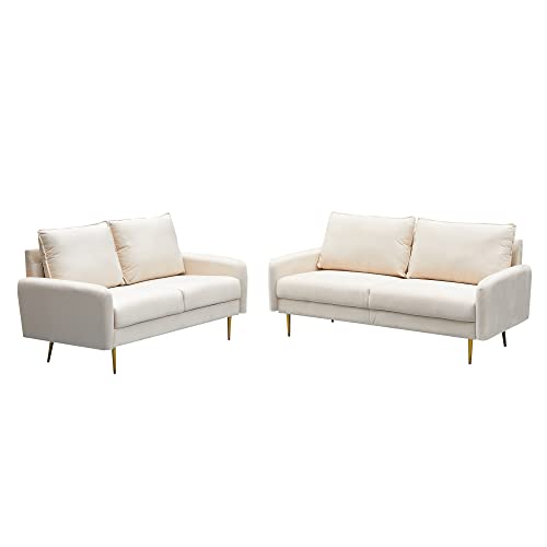 INSTORY Velvet Sofa & Loveseat Set Modern Sofa Set Tufted Couch Set Living Room Furniture Set with Armrest & Metal Legs for Living Room,Bedroom,Apartment,Dorm - Beige