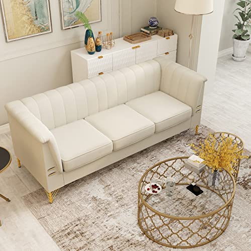 ZWMBYN Mid-Century Modern Channel Tufted Velvet Sofa Couch, 83W Upholstered Loveseat Sofa Furniture with Gold Stainless Steel Legs and Square Rolled Arms for Living Room Bedroom Apartment, Beige