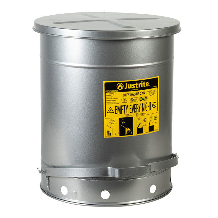 Justrite Oily Waste Can, 14 Gallon, Foot-Operated Self-Closing SoundGard™ Cover, Silver