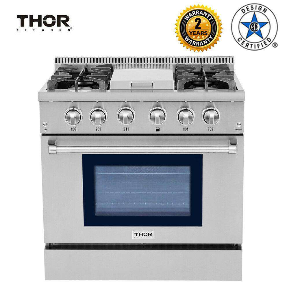 Thor Kitchen HRG3617U 36 in. Professional Gas Range Oven 4 Burners Blue Porcelain Interior Stainless Steel New