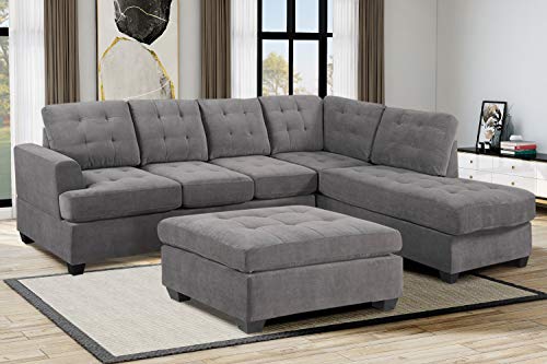 Merax Sectional Sofa Set, Upholstered Microfiber Cushion Padded 3-Seat Sofa with Nonreversible Chaise Lounge, Storage Ottoman, and 6 Pillows, Ideal Home Furniture for Living Room