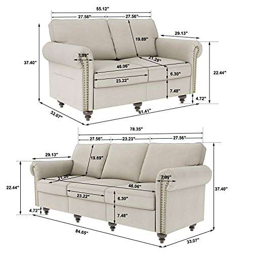 Nolany Classic 2 Piece Living Room Sofa Set Upholstered Fabric 3 Seats Sofa Couch and Loveseat Set Rolled Arm Sofa Sets, Light Beige