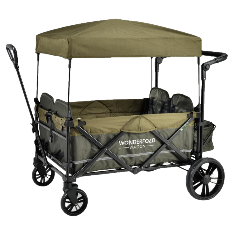 WonderFold Baby X4S Push/Pull 4-Passenger Quad Double Stroller Wagon with Automatic Magnetic Seatbelt Buckles Green New