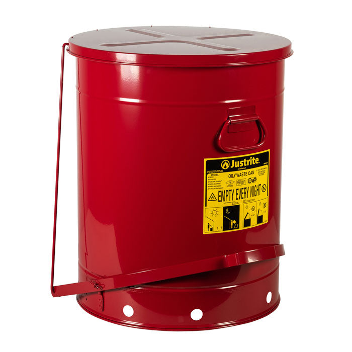 Justrite 21 Gallon, Oily Waste Can, Hands-Free, Self-Closing Cover, Red
