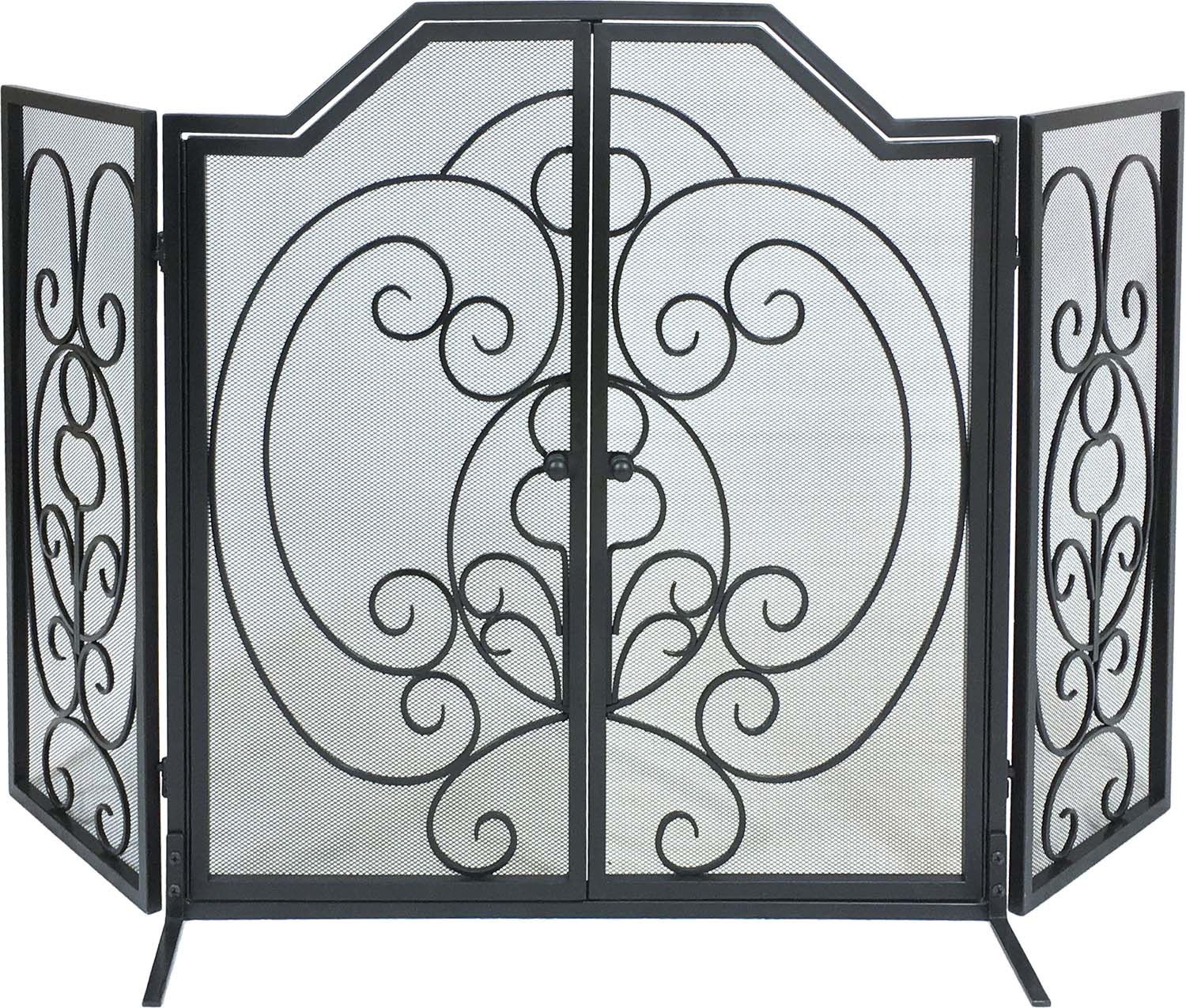 Dagan 3-Fold Center Arched Scroll Design Black Wrought Iron Screen